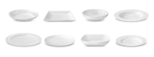 realistisk maträtt tallrikar, 3d vit dishware vektor