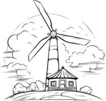 Windmühle auf das hügel. schwarz und Weiß Illustration zum Färbung Buch. vektor