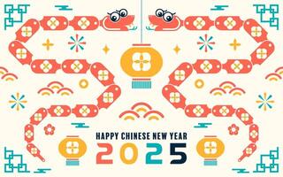 glücklich Chinesisch Neu Jahr 2025 das Schlange Tierkreis Zeichen mit minimal modisch Design modern eben geometrisch Elemente rot Papier Schnitt Stil auf Farbe Hintergrund. vektor