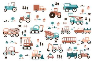 transport och konstruktion maskineri söt uppsättning i platt tecknad serie design. bunt av traktor, lastbil, dumpa, kran, grävmaskin, betong mixer, gaffeltruck, bil och Övrig. illustration isolerat element vektor