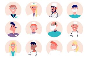 medicinsk personal människor avatars isolerat uppsättning. porträtt av kvinna och manlig maskotar arbetssätt som läkare, sjuksköterskor, kirurger och Övrig utövare. illustration med tecken i platt tecknad serie design vektor