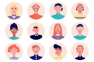 emoji människor avatars isolerat uppsättning. män och kvinnor uttrycka annorlunda ansiktsbehandling känslor sådan som leende, skratt, sorg, ilska, kärlek och andra. illustration med tecken i platt tecknad serie design vektor