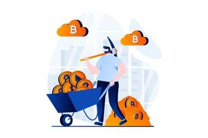 kryptovaluta brytning begrepp med människor scen i platt tecknad serie design. man gruvarbetare med pickaxe är extraktion digital pengar och bär bitcoins i skottkärra. illustration visuell berättelse för webb vektor