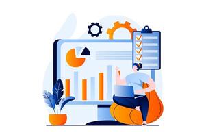 Daten Analyse Konzept mit Menschen Szene im eben Karikatur Design. Frau Analysen Statistiken auf Instrumententafel mit Diagramme und Grafiken, Überwachung und Buchhaltung. Illustration visuell Geschichte zum Netz vektor