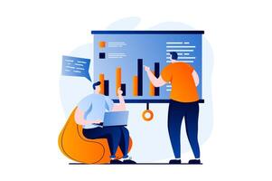 data analys begrepp med människor scen i platt tecknad serie design. män diskussioner och arbetssätt med statistik på presentation, analyserar diagram, företag granska. illustration visuell berättelse för webb vektor