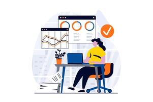 data analys begrepp med människor scen i platt tecknad serie design. kvinna arbetssätt med statistik och diagram använder sig av bärbar dator, företag granska och bokföring på kontor. illustration visuell berättelse för webb vektor