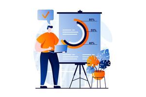 Daten Analyse Konzept mit Menschen Szene im eben Karikatur Design. Mann Überwachung und Analysen Statistiken auf Instrumententafel mit Diagramme und Grafiken mit Laptop. Illustration visuell Geschichte zum Netz vektor