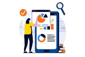 data vetenskap begrepp med människor scen i platt tecknad serie design. kvinna analyserar diagram med annorlunda trender och framställning finansiell Rapportera använder sig av mobil app. illustration visuell berättelse för webb vektor