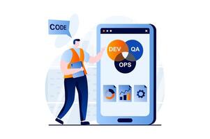 devops begrepp med människor scen i platt tecknad serie design. man miljö upp administrering, utveckling operationer och mobil app programmering bearbeta i företag. illustration visuell berättelse för webb vektor