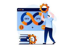 Devops Konzept mit Menschen Szene im eben Karikatur Design. Mann optimiert Software Erstellen Prozesse, Geräte Praktiken Methoden Ausübungen von Entwicklung Operationen im Unternehmen. Illustration visuell Geschichte zum Netz vektor