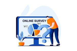 online Umfrage Konzept mit Menschen Szene im eben Karikatur Design. Mann Analysen Daten und funktioniert mit Diagramm, Erstellen Bericht nach Dirigieren soziologische lernen. Illustration visuell Geschichte zum Netz vektor