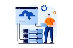 saas Konzept mit Menschen Szene im eben Karikatur Design. Mann Computing mit Wolke Technologie, Programmierung und Arbeiten mit Bewirtung. Software wie ein Service. Illustration visuell Geschichte zum Netz vektor