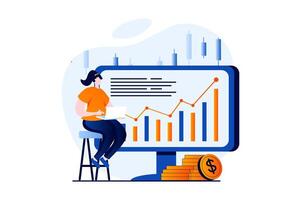 stock marknadsföra begrepp med människor scen i platt tecknad serie design. kvinna investerar besparingar och tjänar pengar, analyser data Graf och utvecklas framgångsrik strategi. illustration visuell berättelse för webb vektor