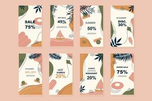 sommar försäljning mall för Instagram berättelser. vertikal promo banderoller design med abstrakt element av sommartid semester på hav och tropisk löv. samling layouter för insta berättelse på social nätverk vektor