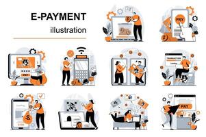 e-betalning begrepp med människor scener uppsättning i platt design. kvinnor och män betalande med kreditera kort använder sig av smartphone Ansökan. uppkopplad Lagra betalning. illustration visuell berättelser samling för webb vektor