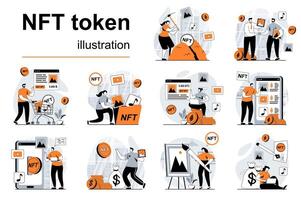 nft tecken begrepp med människor scener uppsättning i platt design. kvinnor och män skapa digital konst för sälja och köpa på marknad, investera kryptovaluta. illustration visuell berättelser samling för webb vektor