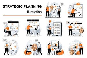 strategisk planera begrepp med människor scener uppsättning i platt design. kvinnor och män skapa planen, generera idéer, analysera statistik, skapa strategi. illustration visuell berättelser samling för webb vektor