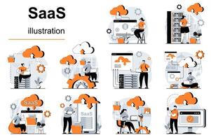 saas begrepp med människor scener uppsättning i platt design. kvinnor och män användningar program och moln bearbetning med prenumeration. programvara som en service. illustration visuell berättelser samling för webb vektor