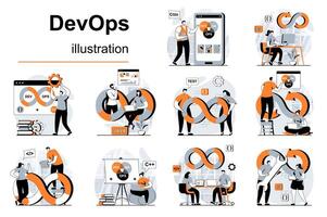 devops begrepp med människor scener uppsättning i platt design. kvinnor och män arbetssätt i utveckling och samarbete processer på programmering Produkter. illustration visuell berättelser samling för webb vektor