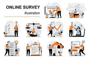 uppkopplad undersökning begrepp med människor scener uppsättning i platt design. kvinnor och män fyllning frågeformulär eller checklista, framställning uppkopplad testa för undersökning. illustration visuell berättelser samling för webb vektor