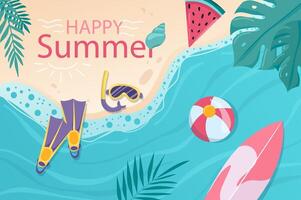 glücklich Sommer- Hintergrund im eben Karikatur Design. Hintergrund mit sandig Sommer- Strand mit Meer, Palme Blätter, Tauchen Maske, Surfbrett, Ball und Wassermelone. Illustration zum Poster oder Banner Vorlage vektor