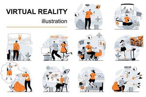 virtuell verklighet begrepp med människor scener uppsättning i platt design. kvinnor och män i vr glasögon studerar, arbetssätt och gaming i förändrad simulering. illustration visuell berättelser samling för webb vektor