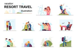 semester och resa tillflykt begrepp med människor scen uppsättning. män och kvinnor gå till Övrig länder med Karta, sightseeing, tar foton, vandring och camping. illustration i platt design för webb vektor