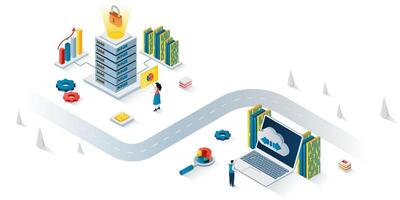 data Centrum begrepp 3d isometrisk webb baner. människor arbetssätt i server hårdvara rum, administrering, bearbetning och Stöd drift. illustration för landning sida och webb mall design vektor