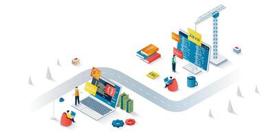 programmering företag begrepp 3d isometrisk webb baner. människor utvecklare skapa programvara och program, kodning och testning, optimera produkt. illustration för landning sida och webb mall design vektor