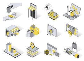 Verkauf Bedienung Konzept 3d isometrisch Symbole Satz. Pack Elemente von Einkaufen, kaufen, bezahlen, speichern, Rabatt, Verkauf, Tasche, Kleidung, Boutique und andere. Illustration im modern Isometrie Design vektor