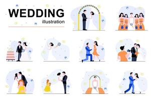 Hochzeit Konzept mit Menschen Szenen einstellen im eben Design. Braut und Bräutigam verheiratet beim Zeremonie, Brautjungfern fangen Strauß, Paar Foto, Tanzen. Illustration visuell Geschichten Sammlung zum Netz vektor