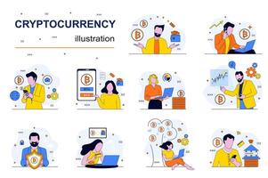 kryptovaluta begrepp med människor scener uppsättning i platt design. män och kvinnor tjäna vinst med bitcoin transaktioner på crypto utbyta plattform. illustration visuell berättelser samling för webb vektor