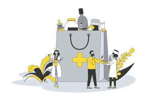 Apotheke Konzept im eben Linie Design. Menschen wählen und Kaufen Drogen mit Ärzte Erhalt, Apotheker beraten Käufer und wählen Tabletten im Drogerie. Illustration mit Gliederung Szene zum Netz vektor