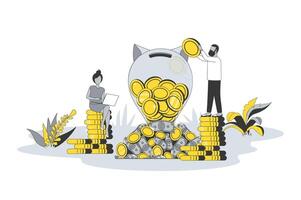 Investition Geld Konzept im eben Linie Design. Menschen akkumulieren Ersparnisse, erstellen Erfolg Investition Strategie, investieren Finanzen und Verdienste profitieren. Illustration mit Gliederung Szene zum Netz vektor