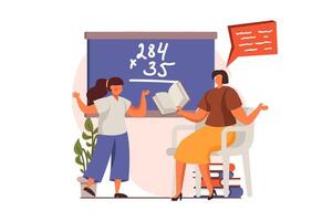 Schule Lehrer Netz Konzept im eben Design. Lehrer prüft Schüler Hausaufgaben. Schülerin Antworten Frage Stehen beim Tafel. Bildung und dazugewinnen Wissen. Illustration mit Menschen Szene vektor