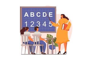 Schule Lehrer Netz Konzept im eben Design. Frau Punkte beim Alphabet auf Tafel, Klassenkameraden studieren und sitzen beim Schreibtische im Klasse. Bildung und dazugewinnen Wissen. Illustration mit Menschen Szene vektor