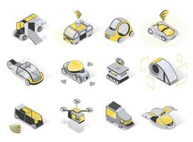autonom fordon 3d isometrisk ikoner uppsättning. packa element av förarlös bil, buss och lastbil, flygande Drönare, taxi service, smart transport av annorlunda typ. illustration i modern isometri design vektor