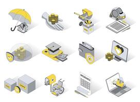 Sozial Sicherheit 3d isometrisch Symbole Satz. Pack Elemente von Hypothek Vorteile, Haus und Auto Versicherung, Mutterschaft spenden, Leistungen zum Behinderung, Vergünstigungen. Illustration im modern Isometrie Design vektor