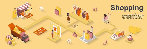 Einkaufen Center Konzept 3d isometrisch Netz Banner. Menschen wählen Kleider im Geschäft oder machen Einkäufe online, Zahlen und verwenden Lieferung Service. Illustration zum Landung Seite und Netz Vorlage Design vektor