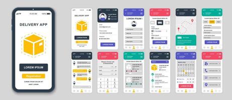 uppsättning av ui, ux, gui skärmar leverans app platt design mall för mobil appar, mottaglig hemsida trådramar. webb design ui utrustning. leverans instrumentbräda. vektor