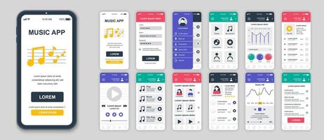 uppsättning av ui, ux, gui skärmar musik app platt design mall för mobil appar, mottaglig hemsida trådramar. webb design ui utrustning. musik instrumentbräda. vektor