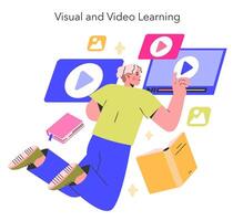 visuell und Lernen Konzept ein neugierig Schüler interagiert mit Multimedia Inhalt auf ein Computer Bildschirm, verbessern Lernen durch visuell AIDS Illustration vektor