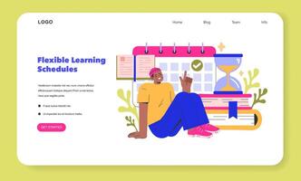 flexibel inlärning scheman begrepp en studerande med en kalender och timglas, förkroppsligande de anpassningsförmåga av digital utbildning till personlig tidtabeller illustration vektor