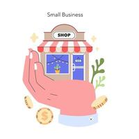 vårda små företag begrepp en skyddande hand vaggar en pittoresk affär, symboliserar de vård i byggnad en lokal- företag företagande drömmar i pastell nyanser illustration vektor