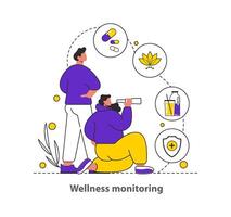 wellness övervakning begrepp ställer ut Proaktiv hälsa engagemang med medicin, hydrering, och skydd åtgärder uppmuntrar konsekvent wellness vanor illustration vektor