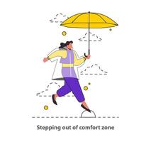 bekvämlighet zon avresa begrepp ett enskild steg fram, paraply i hand, symboliserar en djärv flytta in i de okänd en kraftfull visuell liknelse för förändra och mod illustration vektor