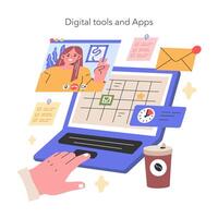 Digital Werkzeuge und Apps Illustration ein modern Fachmann navigiert Arbeitsablauf mit Digital Werkzeug, behalten Aufgaben organisiert und Zeit gelang es mit ein virtuell Kalender Illustration vektor