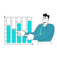 modern ung affärsman pekande på en bar Diagram. data analys begrepp, data visualisering, försäljning analys vektor