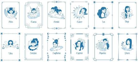 Hand gezeichnet abstrakt Grafik modern weiblich Zeichen von Zadiac Zeichen. Tarot Karten Vorlage, feminin Astrologie, Chinesisch Horoskop Konzept vektor