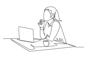 Single einer Linie Zeichnung jung weiblich Mitarbeiter Sitzung im Vorderseite von das Laptop und Denken von Geschäft Lösung beim Büro. Geschäft Idee Konzept. kontinuierlich Linie zeichnen Design Grafik Illustration vektor